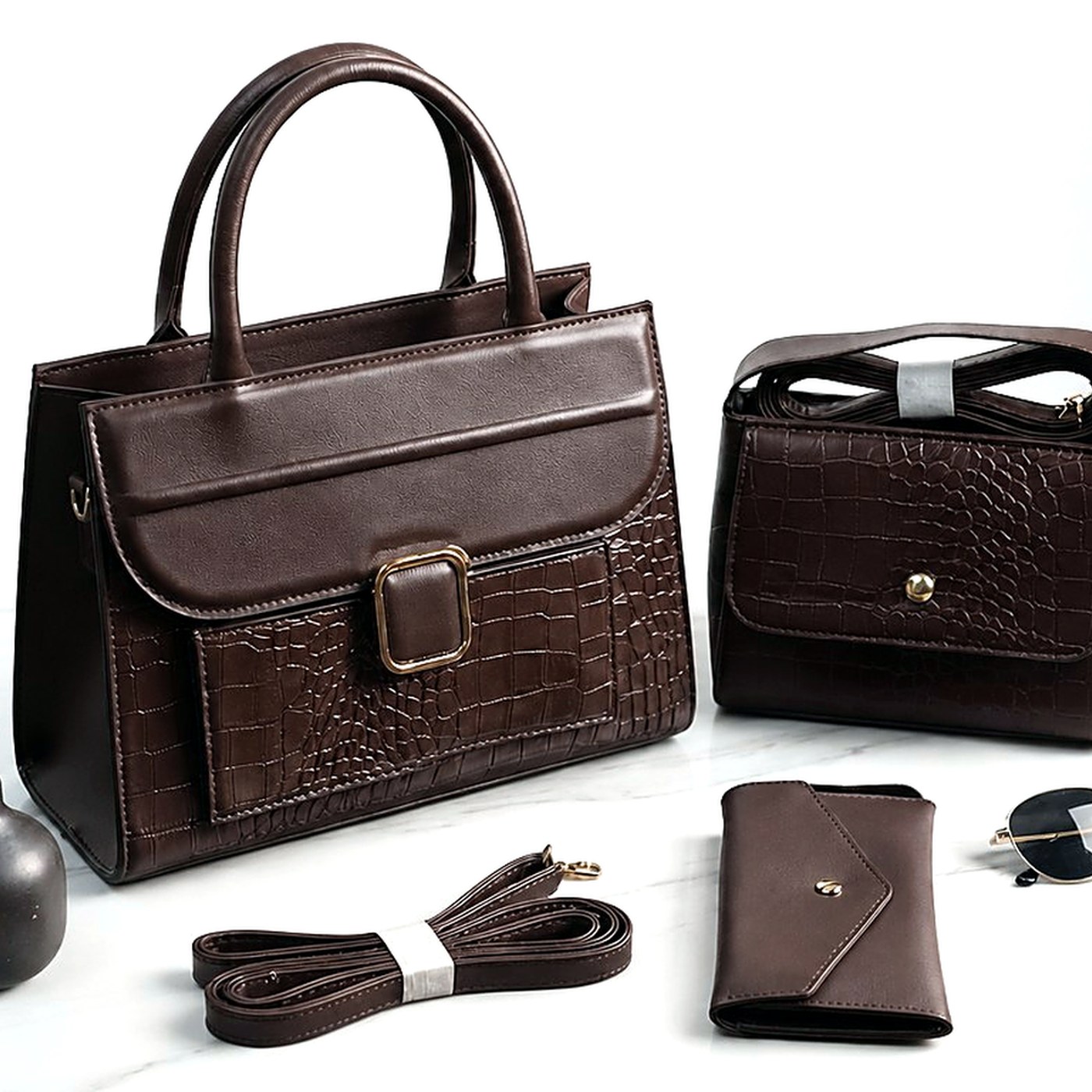 Brown Croc Handbag & Wallet Set — Ladies Handbags from Design Bags, front view