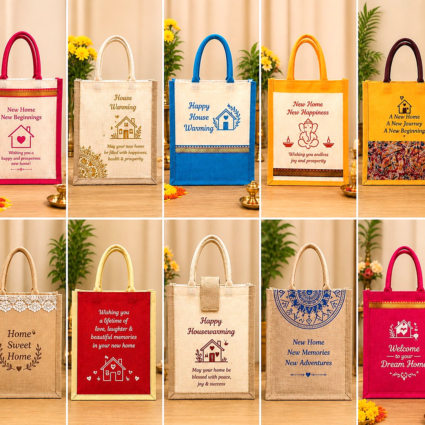 House Warming Jute Gift Bag Collection — Jute Bags from Design Bags, front view