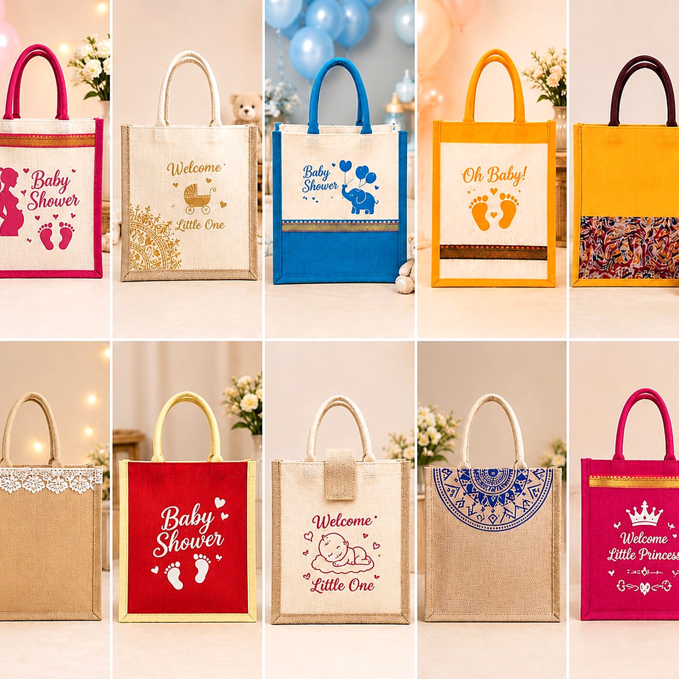 Baby Shower Jute Gift Bag Collection (10 Designs) — Jute Bags from Design Bags, front view