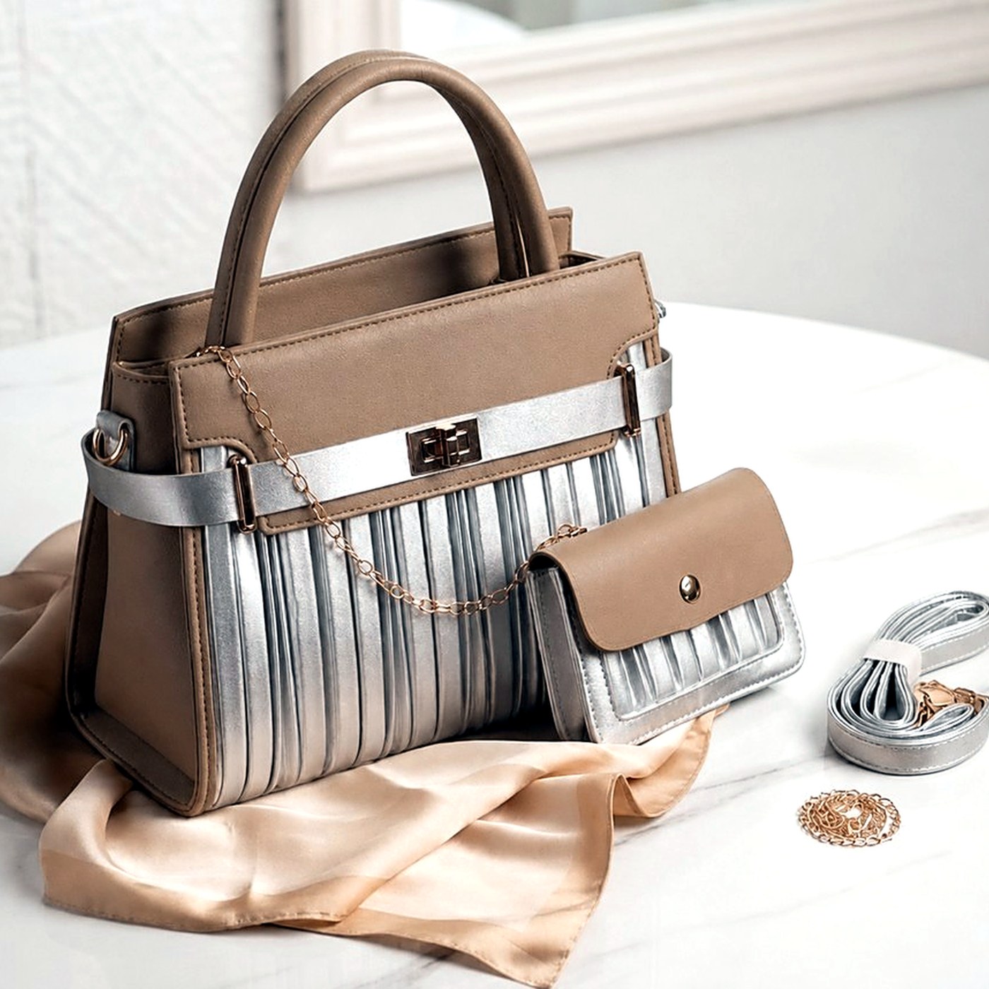 Pleated Metallic Handbag & Pouch Set — Ladies Handbags from Design Bags, front view
